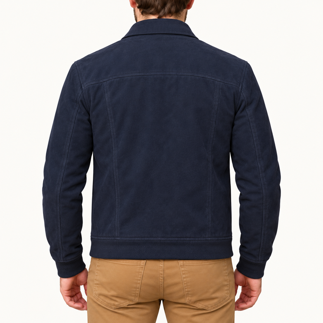 Men's Classic Navy Blue Suede Leather Bomber Jacket – Zip-Up Jacket with Utility Pockets Gallery